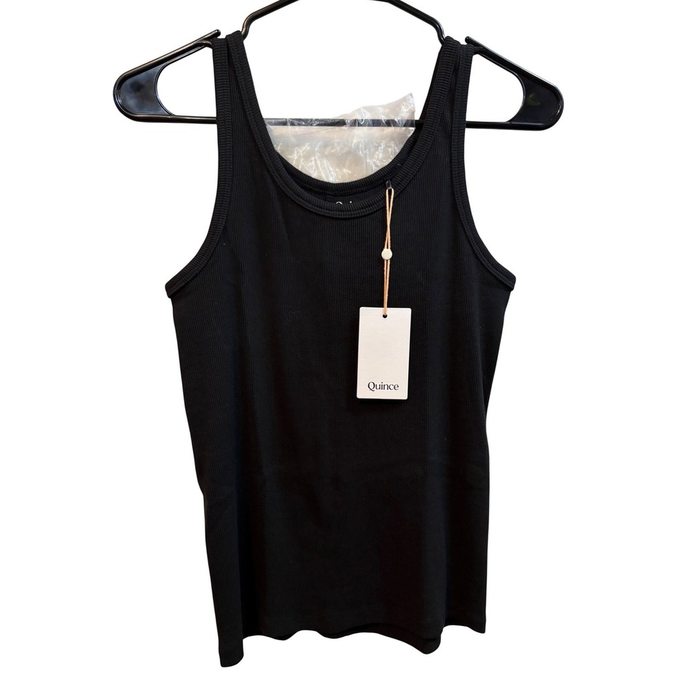 Quince Tank Top Womens M Black Organic Cotton Micro-Rib Scoop Neck Tank NWT - Picture 1 of 5